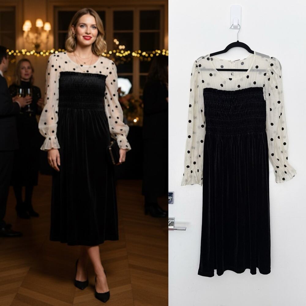 Elegant Black Velvet Dress with Polka Dot Sleeves